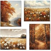 PUHEI Vintage Rustic Fall Wall Art Prints Set of 4, Cottagecore Autumn Pumpkin Wildflower Landscape Wall Posters Decor for Home Bedroom, Fall Gifts for Women Poster Prints (8x10 Inches UNFRAMED)