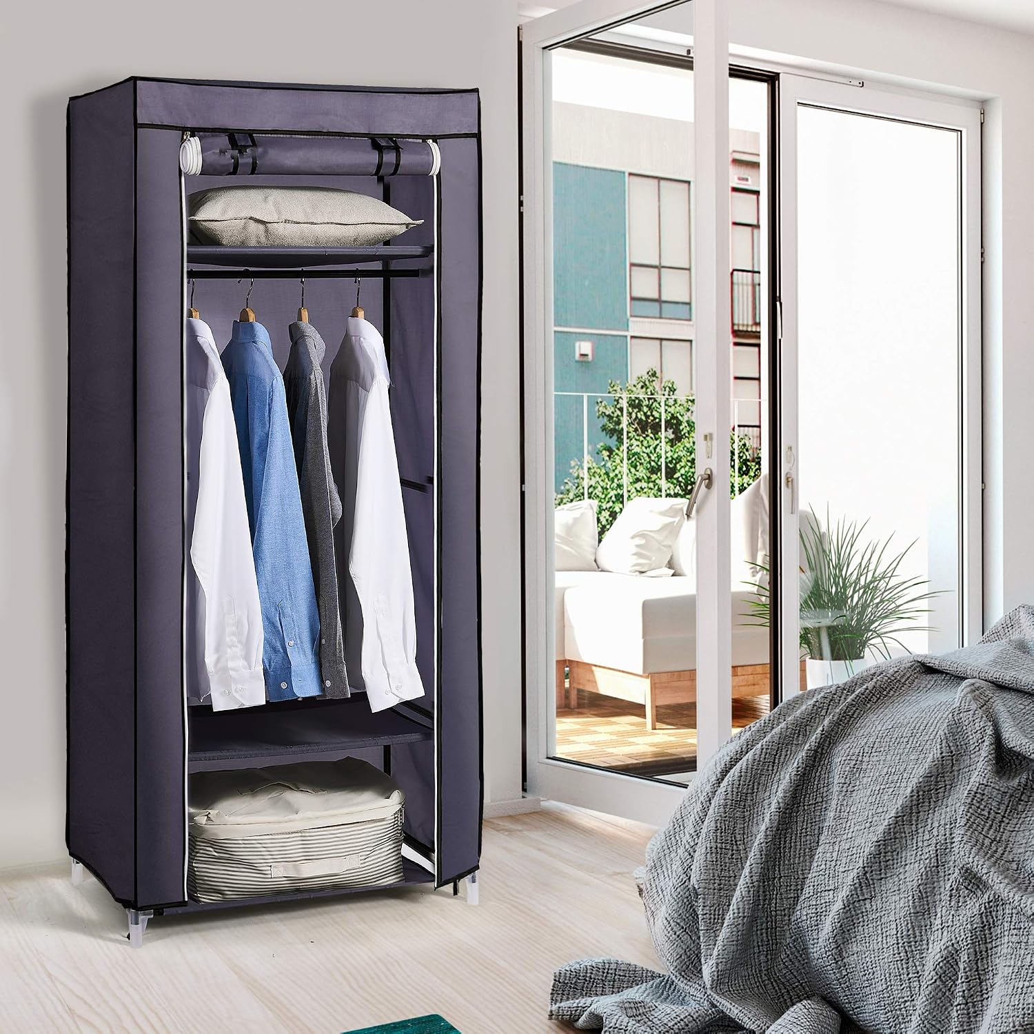 Hododou Portable Wardrobe Single Wardrobe Storage Organizer with Hanging Rail Foldable Closet for Clothes Bags, Toys, Shoes - Image 3