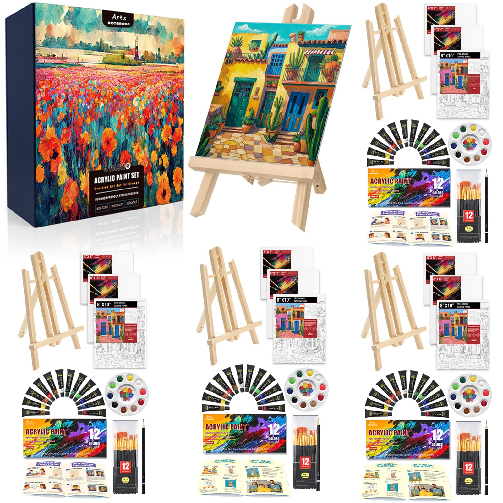 Photo 1 of 4 Pack Painting Set for Adults or Family Groups, 124 PCS Paint Sets with 4 Table Easels,48 Acrylic Paints,12 Pre-Drawn & Blank Canvases for Painting,48 Brushes,4 Pencils,4 Palettes and Painting Guides