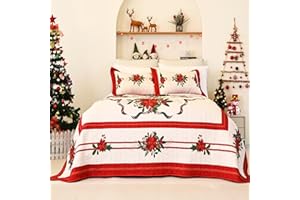 Cmfshape Christmas Bedspread Queen Size,Red Lightweight Quilt Set 3Pcs,Christmas Floral Pattern Bedding Full,Reversible Coverlet for All Season,Home Decoration for New Year(Red,92"x96")