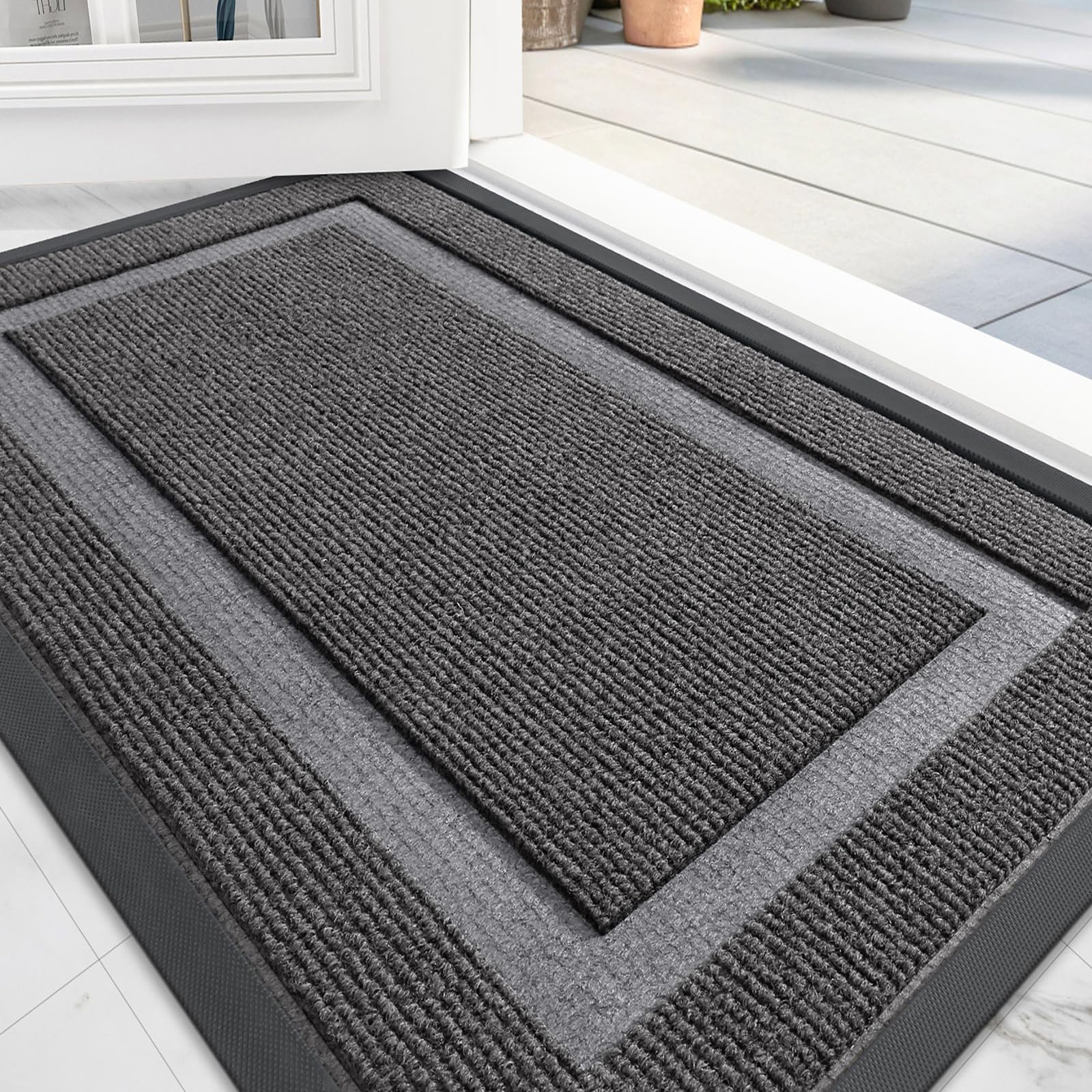 Photo 1 of OLANLY Front Door Mat Indoor Outdoor Entrance, Waterproof All-Season, All-Weather Doormat, Sturdy Natural Rubber, Fade Resistant, Low Profile, Easy Clean Patio Porch Entryway Mat, 29.5x17, Dark Grey