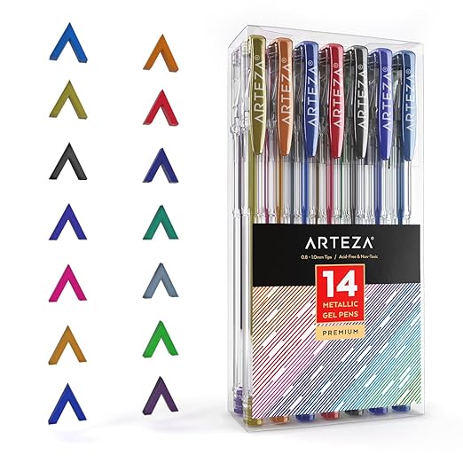 title=Penne Metallizzate in Gel Arteza, Set da 14 Pezzi, Punte da 0,8 a 1 mm, Colori a