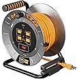 Masterplug 50ft Cord Reel, Metal Steel Cable Drum, Retractable Extension Lead with Winding Handle, Safety Overload Circuit Breaker and Power Switch, 4x Grounded Outlets, 15amps, 12AWG Cable