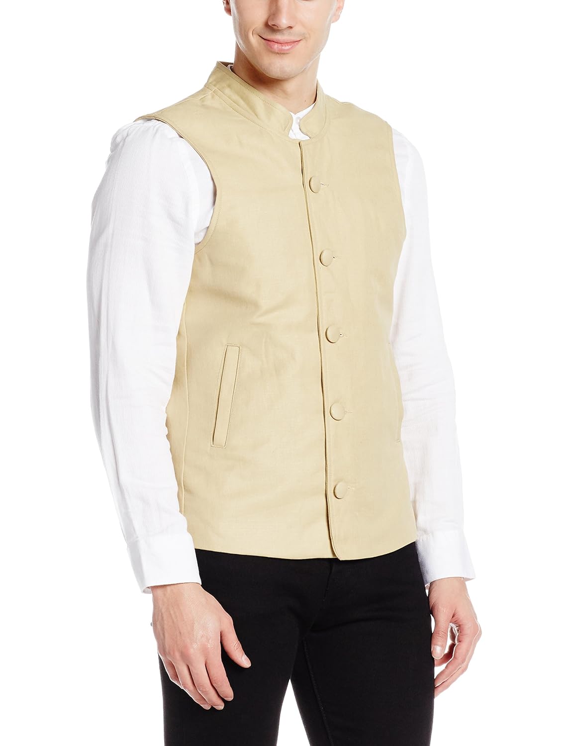 svanik men's banded collar linen waist coat
