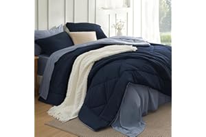 Bedsure Queen Comforter Set - 7 Pieces Reversible Navy Blue Bedding, Queen Size Bed Set for All Seasons, Bed in a Bag with Do