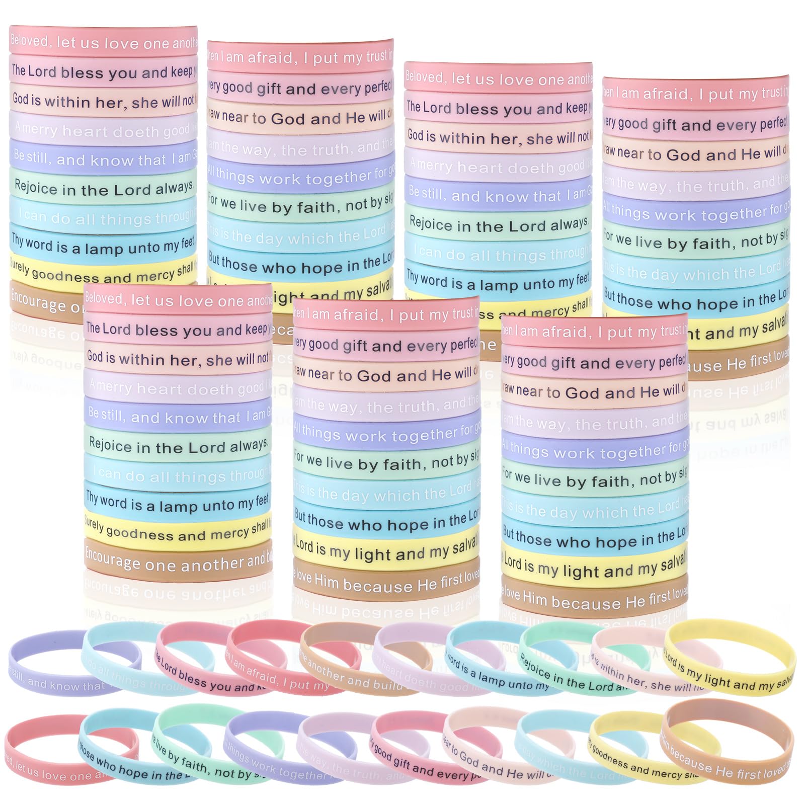Estune 120 Pieces Bible Verses Bracelets Motivational Quote Rubber Wristbands Christian Religious Silicone Bracelet Inspirational Silicone Wristbands for Unisex Men Women Easter party(Macaroon Color)