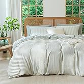 TISPLR King Size Comforter Set Striped Soft Luxury Washed Microfiber Jacquard 3 Pieces Bedding, Grayish Green Vertical Ticking Stripes Pattern Comforter with 2 Pillowcases Breathable Durable Comfy