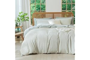 Duvet Cover Set Queen Striped Sage Green, 100% Washed Microfiber Jacquard 3 Pieces Green Queen Striped Bedding Sets, with Zip