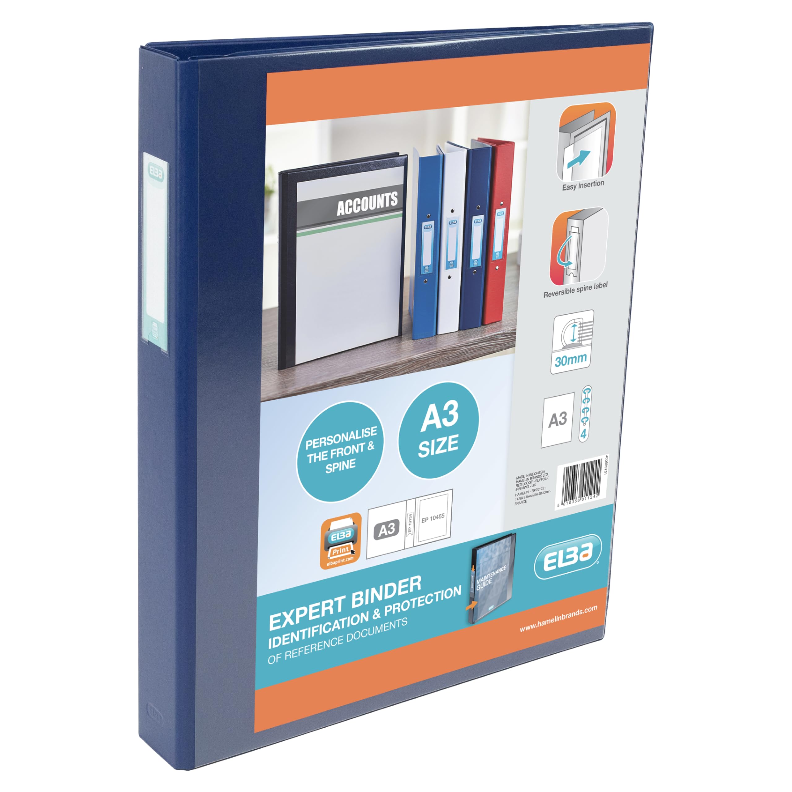 Elba A3 4 D-Ring Binder, 30mm capacity, 35mm spine, Presentation Folder with Customisable Cover, Portrait, Blue (Single)
