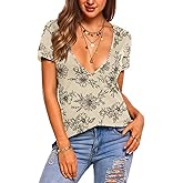 Zeagoo Sexy Tops for Women Deep V Neck Shirts Summer Low Cut Top Short Sleeve Tshirts Trendy Clothes Fashion Clothing