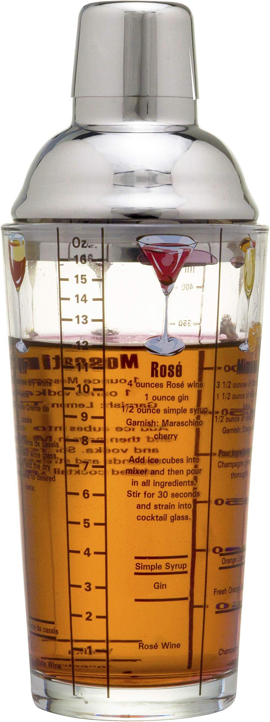 14 oz Recipe Glass Cocktail Shaker With Jigger & Strainer Top - Includes 6 Cocktail Drink Recipes (Wine Theme)