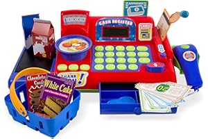 Boley Kids Toy Cash Register Set - Interactive 19pc Red Playset with Scanner, Microphone, Calculator, Play Money, Credit Card Reader, Grocery Items, Ideal for Boys & Girls Ages 3+