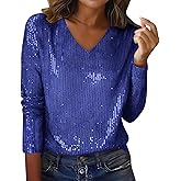 Sequin Tops for Women Long Sleeve V Neck Party Night Blouses Trendy Lounge Glitter Sparkly Dressy Shirts for Holiday