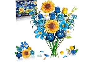 Teefrye Blue Rose Sunflower Building Block Set: Compatible with Lego Flowers Adults Women Gothic Artificial Botanical Collection Van Gogh Starry Night Christmas Valentine's Gifts Home Decor (832 PCS)