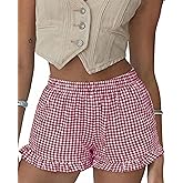 Aoulaydo Boxer Shorts for Women Pajama Gingham Shorts Casual Lounge Sleep Plaid Y2K Beach Bottoms for 2026 Summer