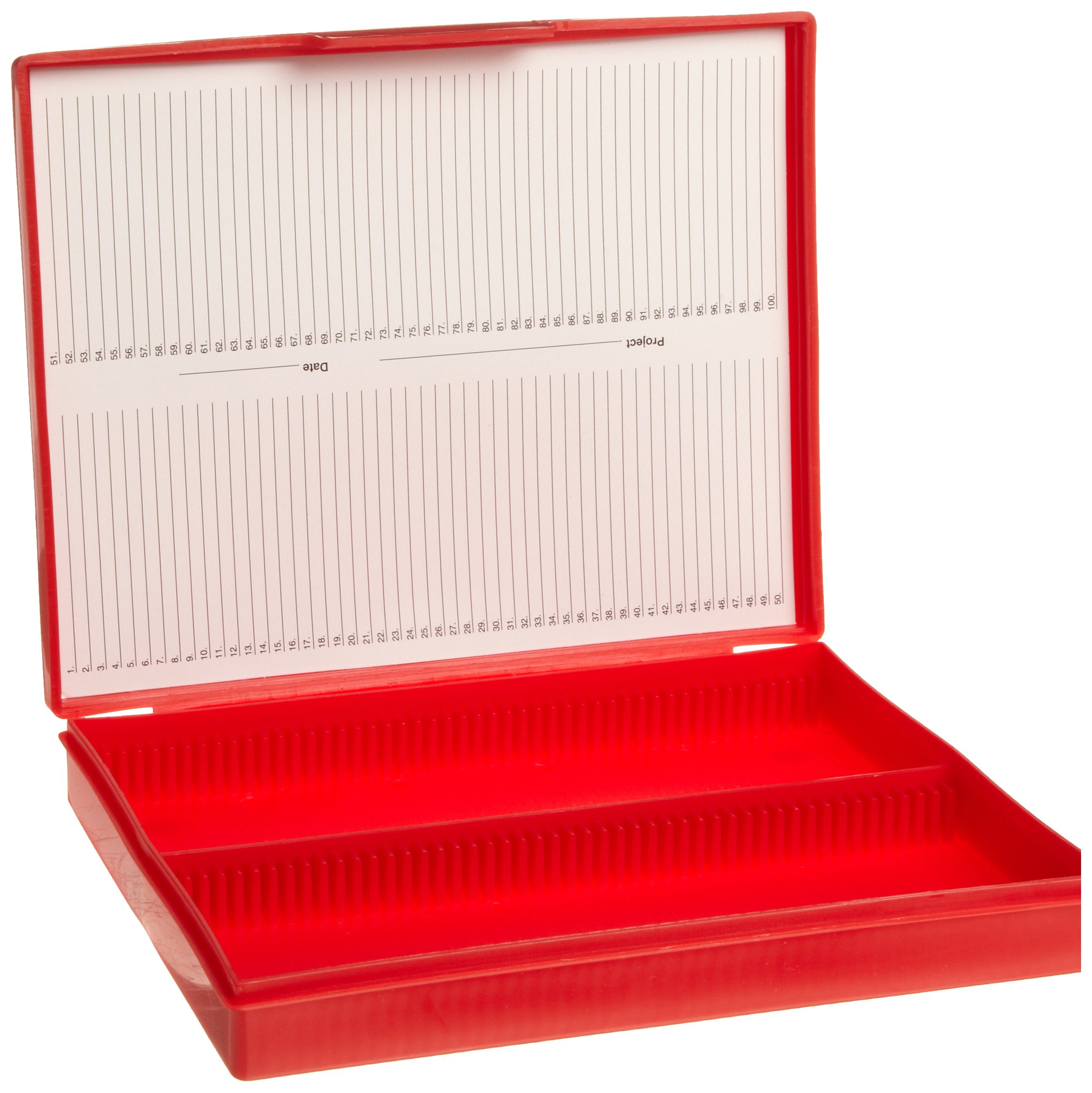 Heathrow Scientific HD15991B 100 Slide Box Polypropylene Economy 210 mm Length x 169 mm Width x 37 mm Height Red