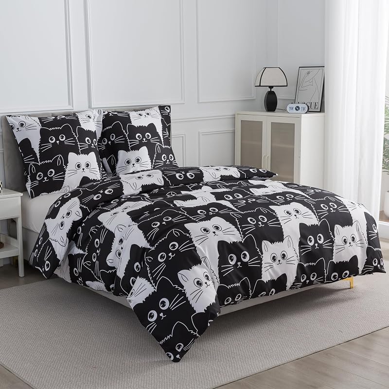 Bettwäsche 155x220 2teilig Bettbezug - Süß Schwarz Weiß Katzen Muster Bettwäsche-Set 155 x 220 cm und 1 Kissenbezug 80x80cm mit Reißverschluss, Weich Leicht Mädchen Kinderbettwäsche — Foto 2 von 8