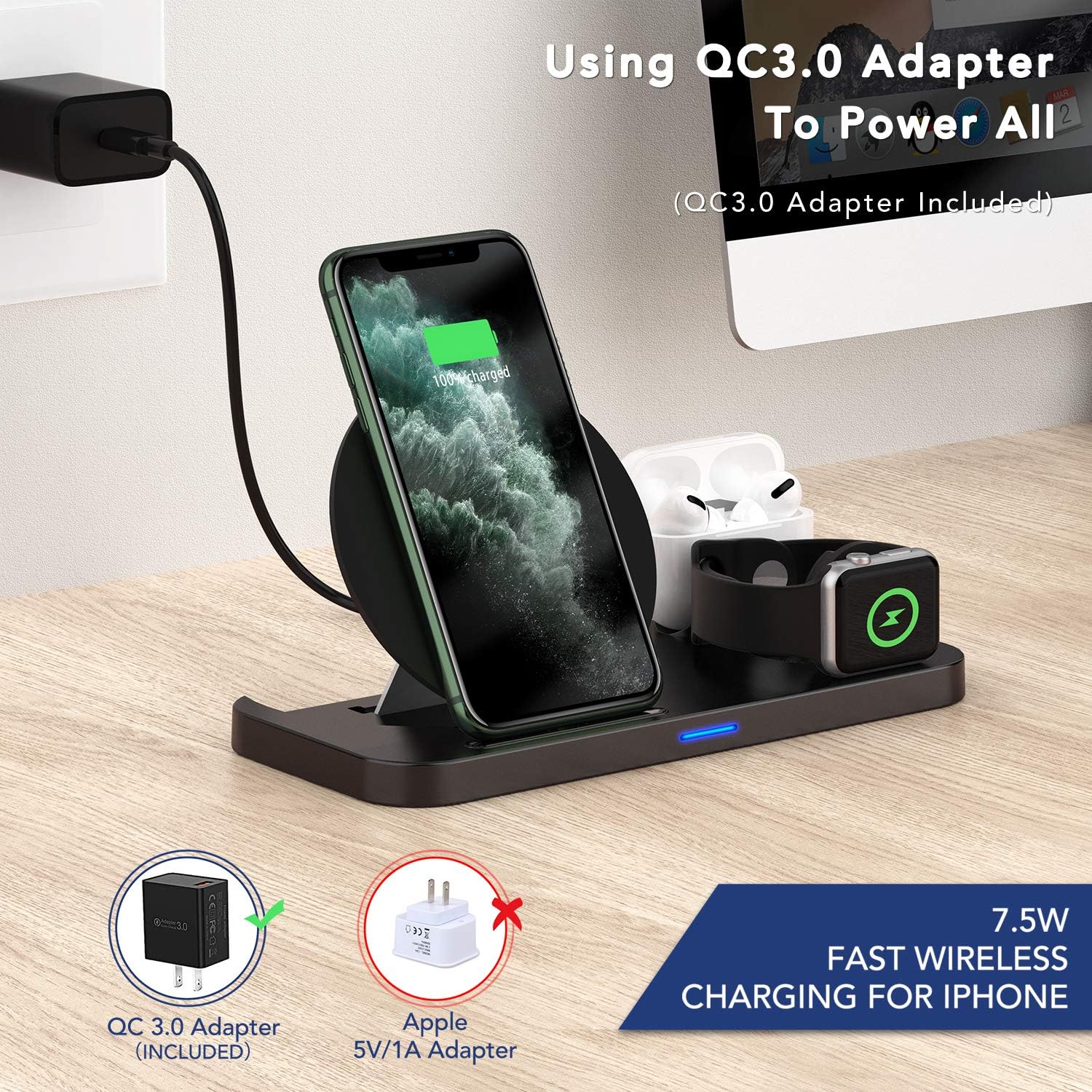 [Latest 2020] Wireless Charger, 3 in 1 Qi-Certified Wireless Charging Station for AirPods Pro Apple Watch SE/6/5/4/3/2/1,Fast Wireless Charging Stand Dock for iPhone 11 Pro/11 Pro Max/XS Max/XR/X