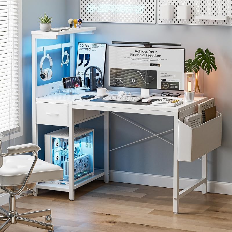Escritorio Gaming 120x50 cm con Enchufe LED RGB Estantes Abatibles Cajón Organizador para PC Portátil Hogar/Oficina Incluye Bolso Fibra Carbono Negro