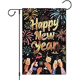 Heyfibro Happy New Year Garden Flag 12x18 Inch Double Sided Burlap Firework Champagne Cheers Celebration Banner for Christmas Winter Holiday Party Yard Outdoor Decoration(ONLY FLAG)
