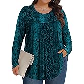 Tencede Women Plus Size Tops Long Sleeve Shirts Casual Loose Tunic Blouse | Fall Crew Neck Tunic, Soft Stretch Fabric, Pleated Hip Covering Cut, Easy To Pair With Jeans, Boots or Jackets, XL-5XL