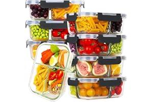 HOMBERKING 8 Pack Glass Meal Prep Containers 3 Compartment, 36oz Glass Food Storage Containers with Lids, Airtight Glass Lunch Bento Boxes, BPA-Free & Leak Proof (8 lids & 8 Containers) - Black