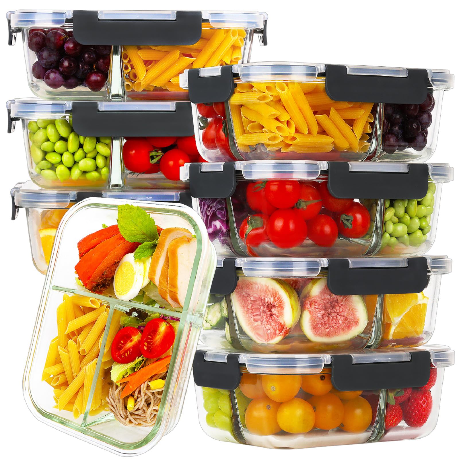 Photo 1 of HOMBERKING 8 Pack Glass Meal Prep Containers 3 Compartment, 36oz Glass Food Storage Containers with Lids, Airtight Glass Lunch Bento Boxes, BPA-Free & Leak Proof (8 lids & 8 Containers) - Black