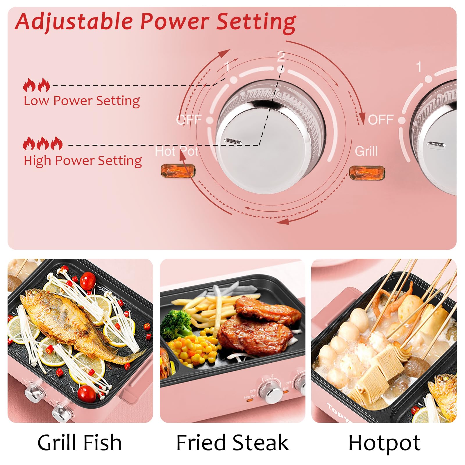 Topwit Hot Pot Electric with Grill, 2 in 1 Indoor Non-stick for Steaks, Shabu Shabu, Noodles, Simmer and Fry, Korean BBQ Grill, Independent Dual Temperature Control, Pink