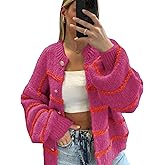 QIBABU Womens Striped Cardigan Sweaters Casual Open Front Long Sleeve Button Down Knit Outwear