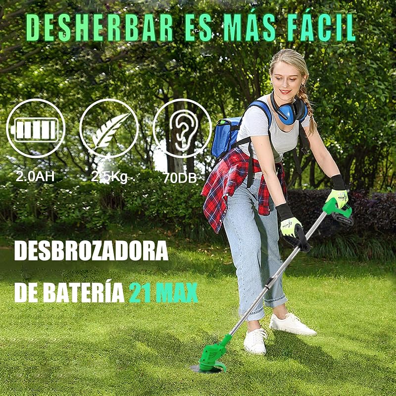 Desbrozadora Batería, Desbrozadora Electrica con Cuchilla, Cortabordes Bateria con 2 Baterías de Iitio de 21V, Longitud Ajustable, Adecuado para Céspedes Y Jardines Pequeños Y Medianos, Cortadora