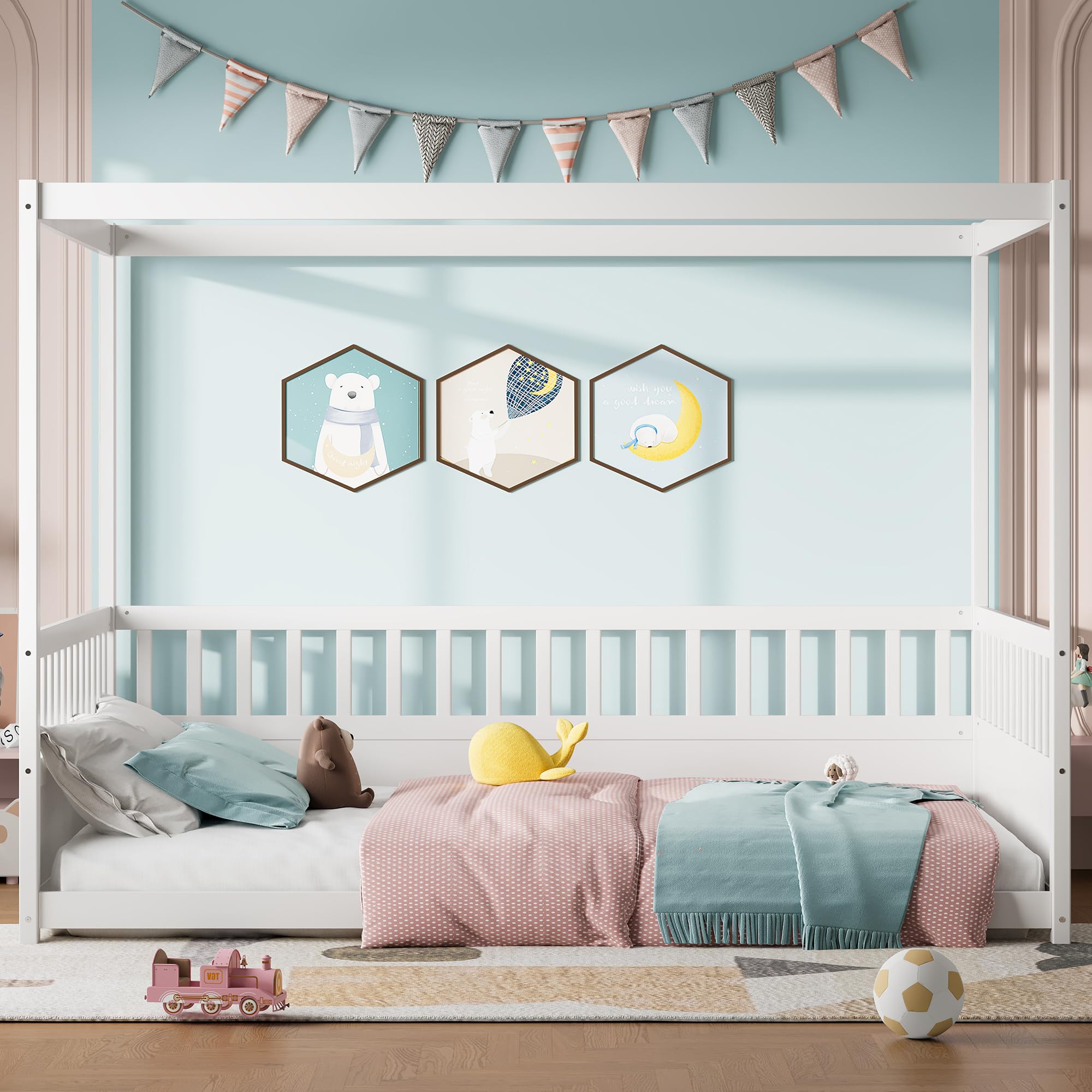 Photo 1 of Full Size Canopy Bed Frame with 4 Posters and Guardrails, Full Size Montessori Floor Bed with High Fence, White Montessori Bed