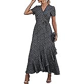 PRETTYGARDEN Women's Boho Floral Maxi Dress Summer Short Sleeve Wrap V Neck Long Flowy Beach Vacation Wedding Guest Dresses