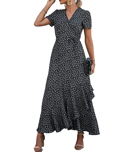 Women's Gray Floral Boho Dress – Smocked Ruched Recycled Silk Beach Cover Up, S/M at Amazon Women's Clothing store