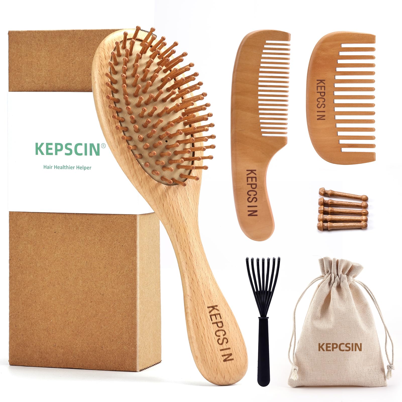 Photo 1 of *Missing Only 1 big brush* KEPCSIN 3PCS Solid Wooden Hair Brush and Small Wood Comb, Detangling Brush with Natural Bristles, Portable Scalp Massage Kit for All Hair Types, Wood Haircare Gift for Women/Men