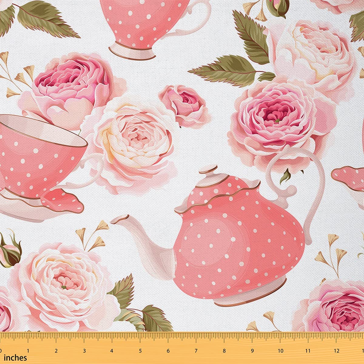 Floral Fabric by The Yard,Romantic Rose Tea Cups Upholstery Fabric for Chairs,Vintage Style Afternoon Tea Print Decorative Waterproof Outdoor Fabric,3 Yards,(L276*W150cm) Pink