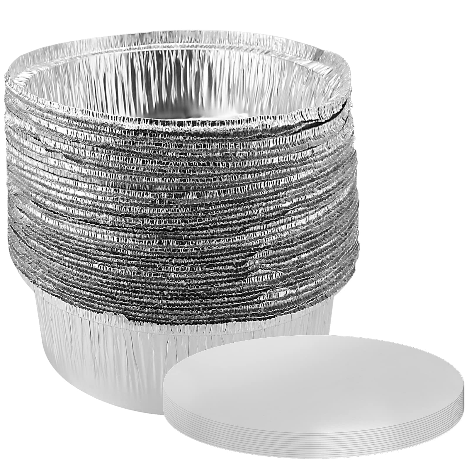 SINJEUN 40 Pack 8 Inch Round Aluminium Foil Trays, Tin Foil Pie Cases with Paper Lids, Aluminium Pie Pans Round Foil Pie Dishes for Pies, Flan, Quiche, Nachos, Roasting
