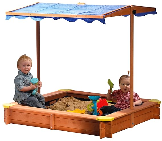 dobar 94350FSC - Sandkasten aus FSC-Holz, Dach höhenverstellbar und neigbar mit UV 801-Schutz inklusive Bodenplane, 117 x 117