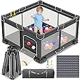 ICAREWAY Foldable Playpen for Babies and Toddlers, 50x50 Portable Playpen with Mat, Kids Collapsible Play Pen with 2 Handlers, Indoor & Outdoor Baby Fence Play Area with Visible Mesh, Dark Gray