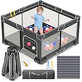 ICAREWAY Foldable Playpen for Babies and Toddlers, 50x50 Inches Portable Playpen, Kids Collapsible Play Pen with 2 Handlers, Indoor & Outdoor Baby Fence Play Area with Visible Mesh, Dark Gray
