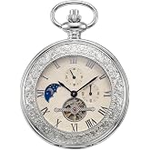Mechanical Pocket Watch for Men with Chain, Antique Silver Wind Up Watch | 24-hour dial, small seconds and sun-moon display; gift-boxed for birthdays, graduations, anniversaries and collectors
