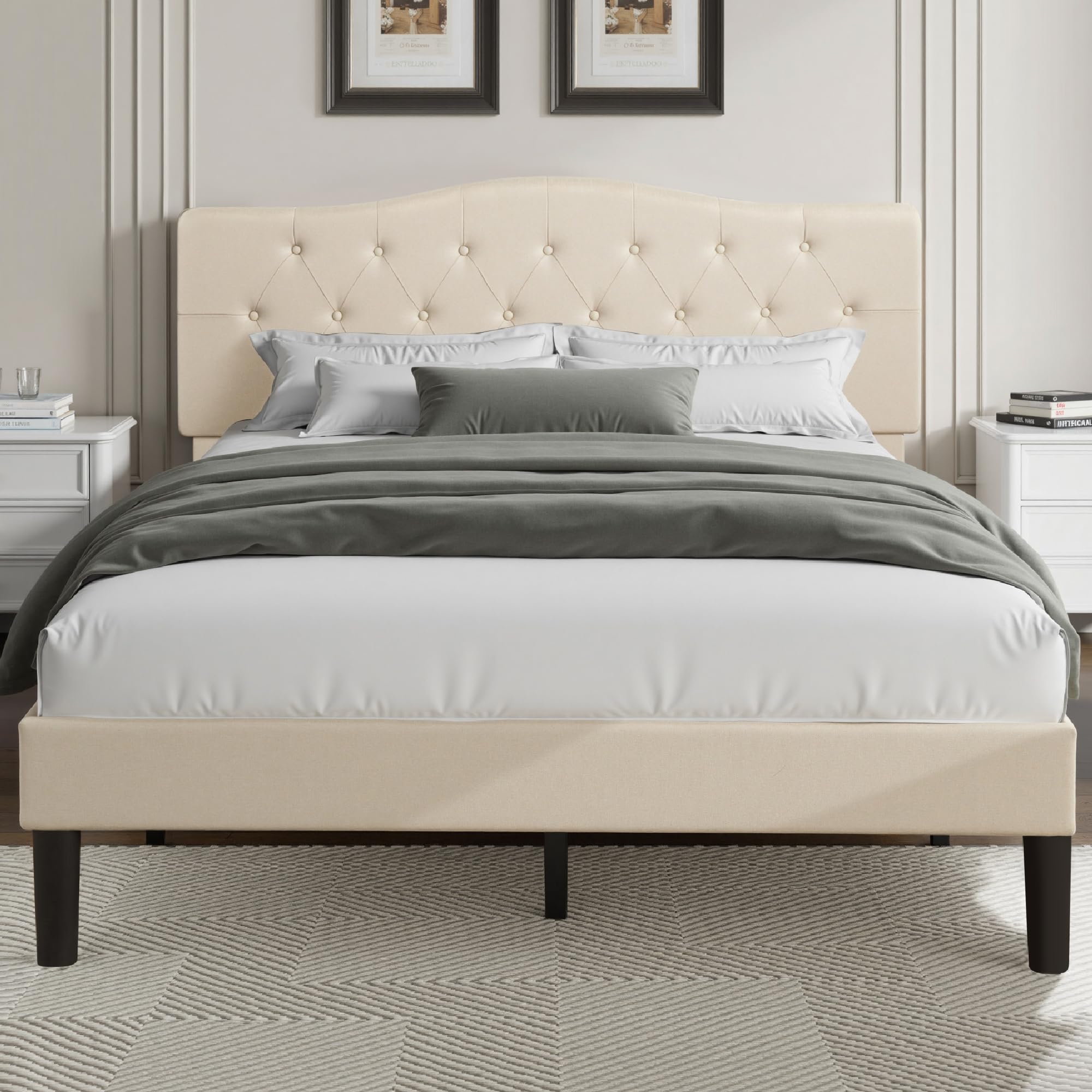 VECELO Full Size Platform Bed Frame with Fabric Upholstered Headboard and Wooden Slats Support, No Box Spring Needed/Easy Assembly,Beige Image