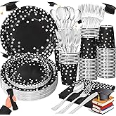 Gudvilla 168Pcs Black and Silver Party Decorations, Black Plates and Cups and Napkins Sets Severs 24, Birthday Decorations for Prom Graduation Birthday Happy New Year Party