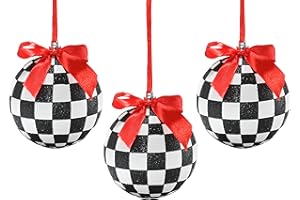 Ornativity Black and White Ornaments - Glittered Black and White Checkered Ball Checked Ornament with Red Bow, Glitter, and String Christmas Tree Xmas Decoration Set - 3.5" Pack of 12