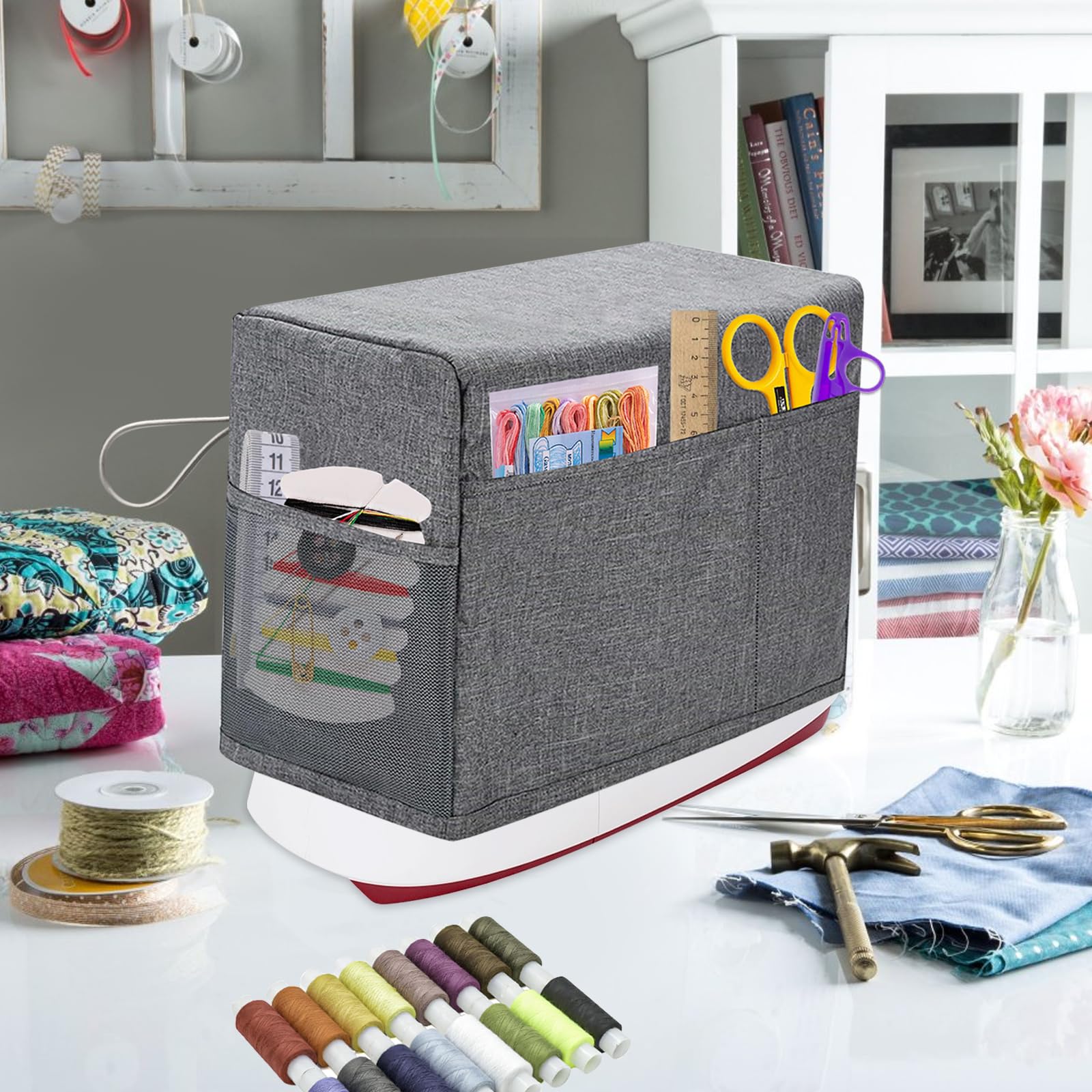 Sewing Machine Cover, Protective Cover with Storage Pocket and Side Handles, Sewing Machine Cover Dust Cover for Most Standard Sewing Machine etc, Printed Sewing Patterns(Grey)