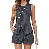 BMJL Womens Summer Outfits 2 Piece Vacation Short Sets Linen Button Down Matching Sets Vest and Shorts Sets
