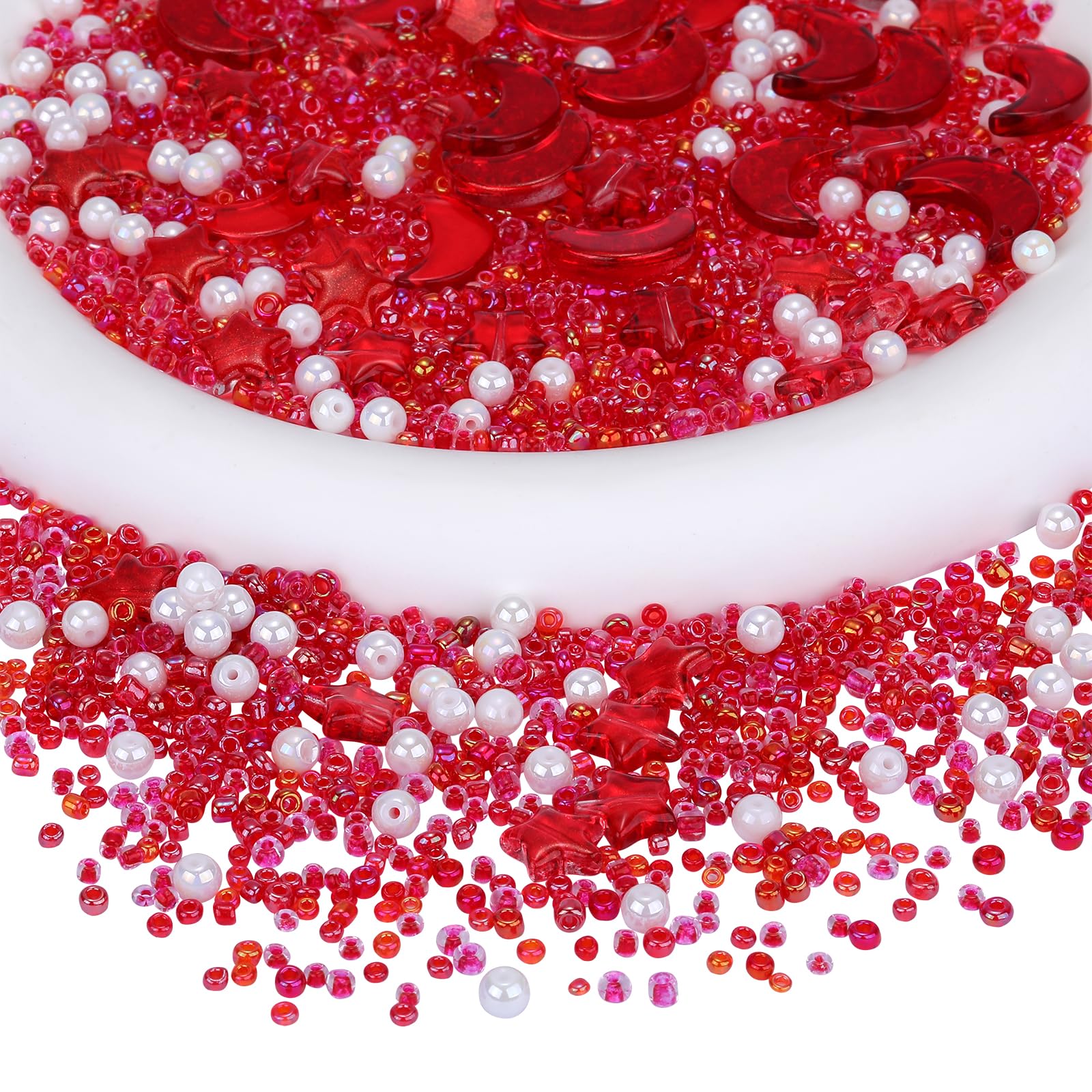 BEEFLYING 2220pcs Mixed Star Moon Shape Glass Spacer Beads Round Pearl Acrylic Beads Seed Beads for DIY Jewelry Making(Red)