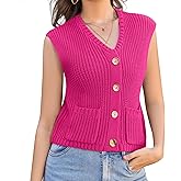 Womens Summer Crop Knit Sweater Vest Sleeveless Button Down Chunky Knit Vest Cardigan with Pockets