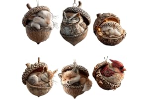 Forest Animal Acorn Ornaments, Cozy Forest Christmas Ornaments,6pcs 2D Acrylic Cute Forest Animal Christmas Trees Hanging Dec