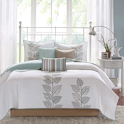 Madison Park Caelie Queen Quilt Set, Aqua/White Leaf Design - 6 Pc
