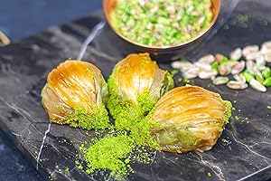 SINCE 1871 GÜLLÜOGLU Gulluoglu Mussel Shaped Pistachio Baklava, 10 Pieces (1.1 lb-500 gr), daily fresh shipment from Istanbul/Turkey